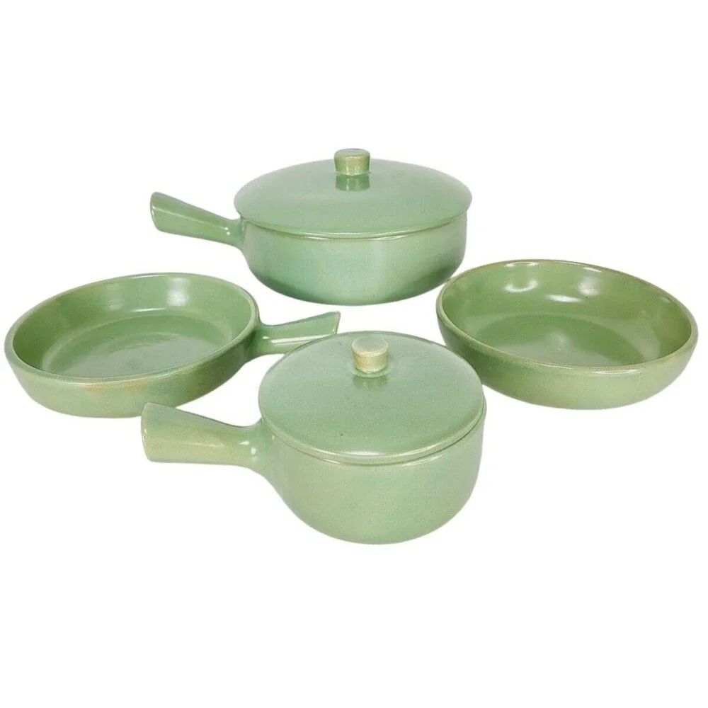 VTG 40s 50s MCM La Solana Stoneware Pottery Cookware Set Pots Pans & Bowl Green
